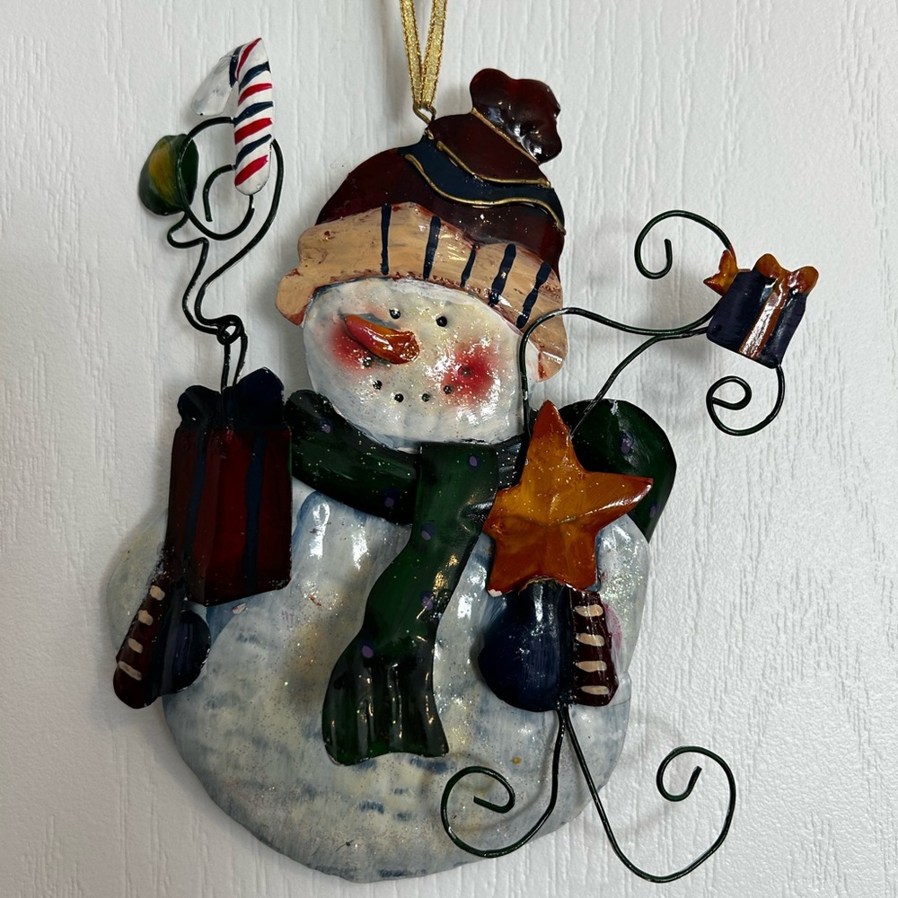 Charming Metal / Tin Snowman Ornament with Star and Gifts